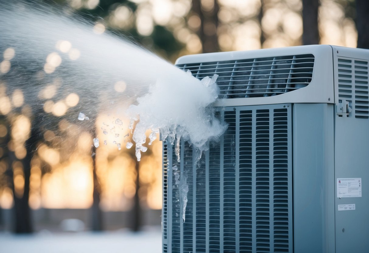 A broken compressor causes hot air to blow from the air conditioner, while ice forms on the evaporator coils