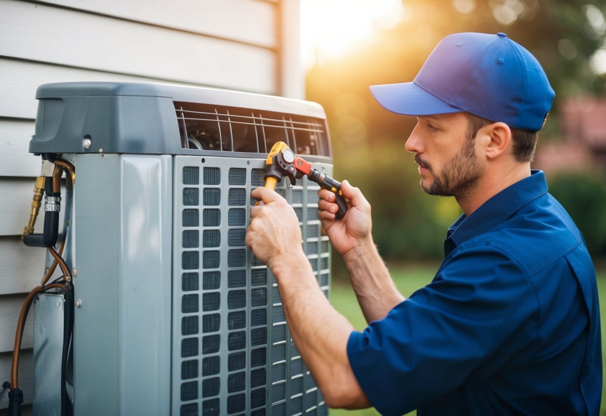 A technician inspecting and repairing a malfunctioning air conditioner compressor