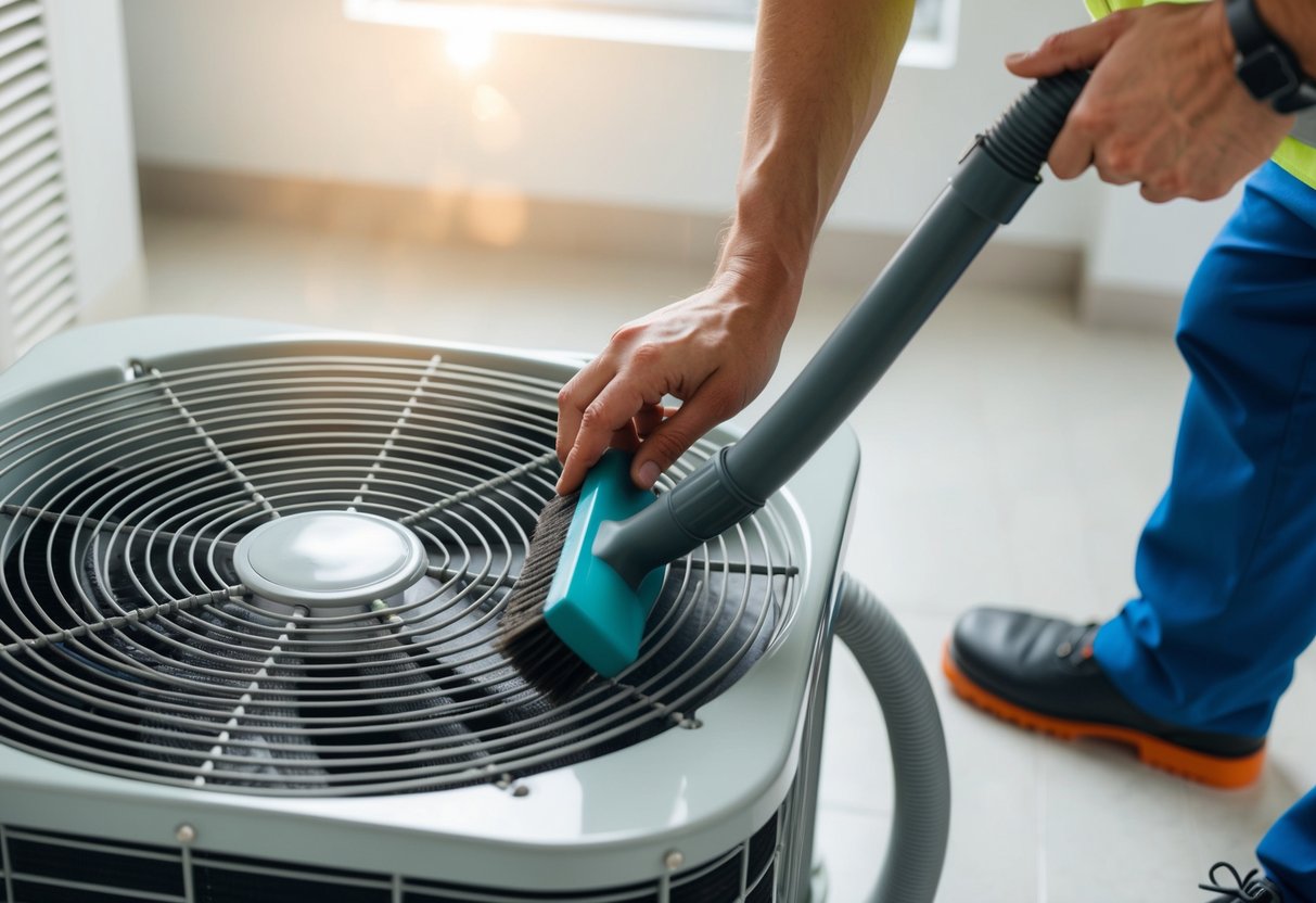 A technician cleaning dusty air conditioning coils with a brush and vacuum, ensuring proper maintenance for the system's efficiency