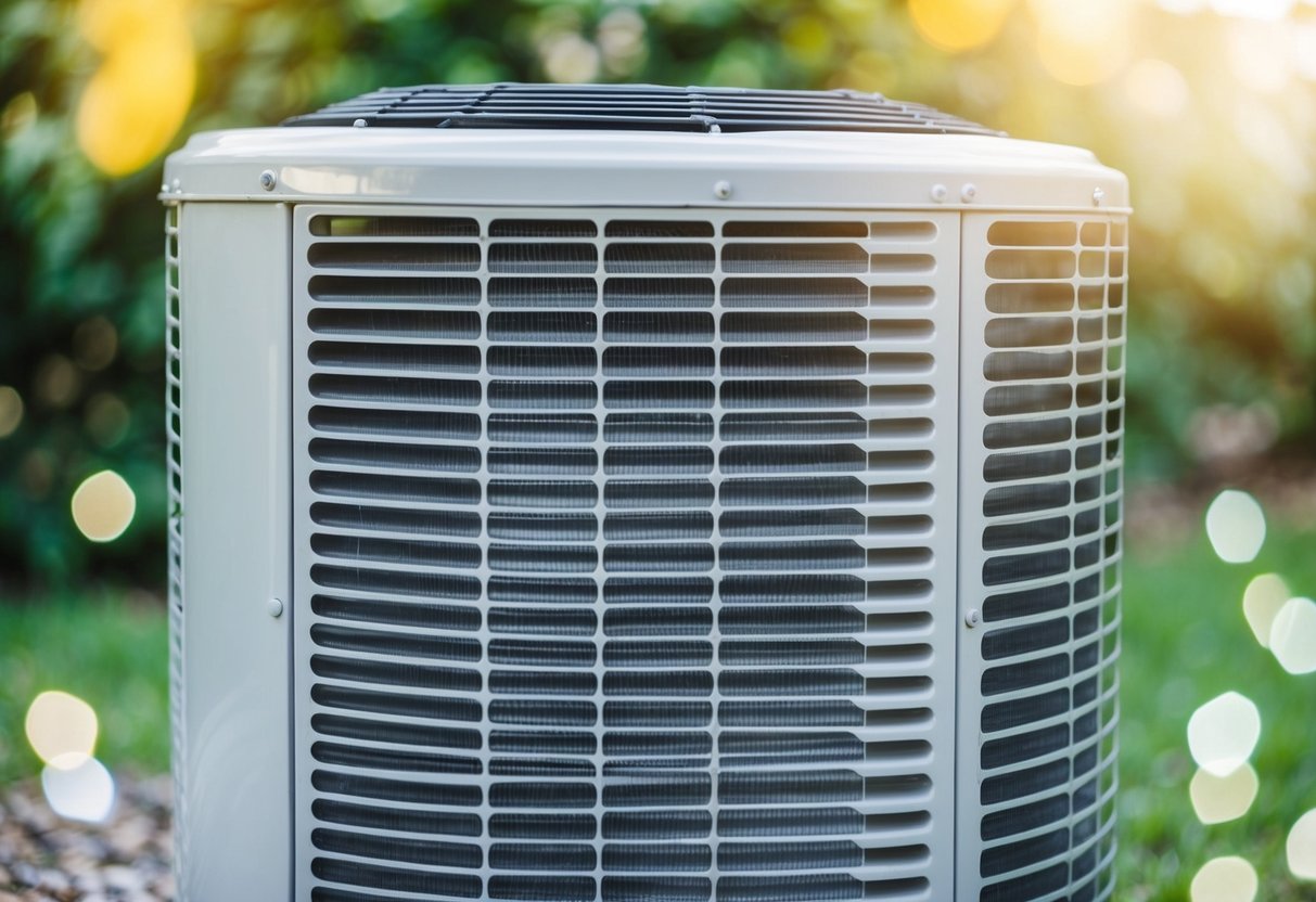 An air conditioning unit with a clean, well-maintained coil, surrounded by clear, cool air