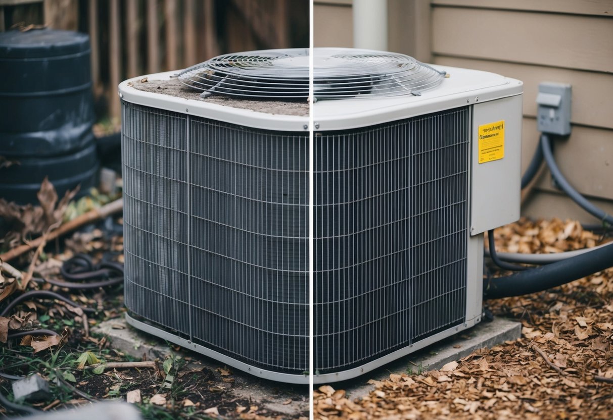 A dusty, neglected air conditioning unit with grimy coils surrounded by clutter and debris, contrasting with a clean, well-maintained unit with spotless coils