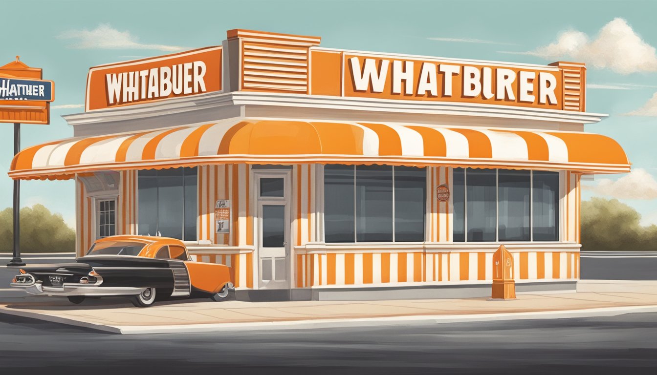 A vintage Whataburger restaurant with orange and white striped awnings, retro signage, and classic architecture, evoking a sense of nostalgia and tradition