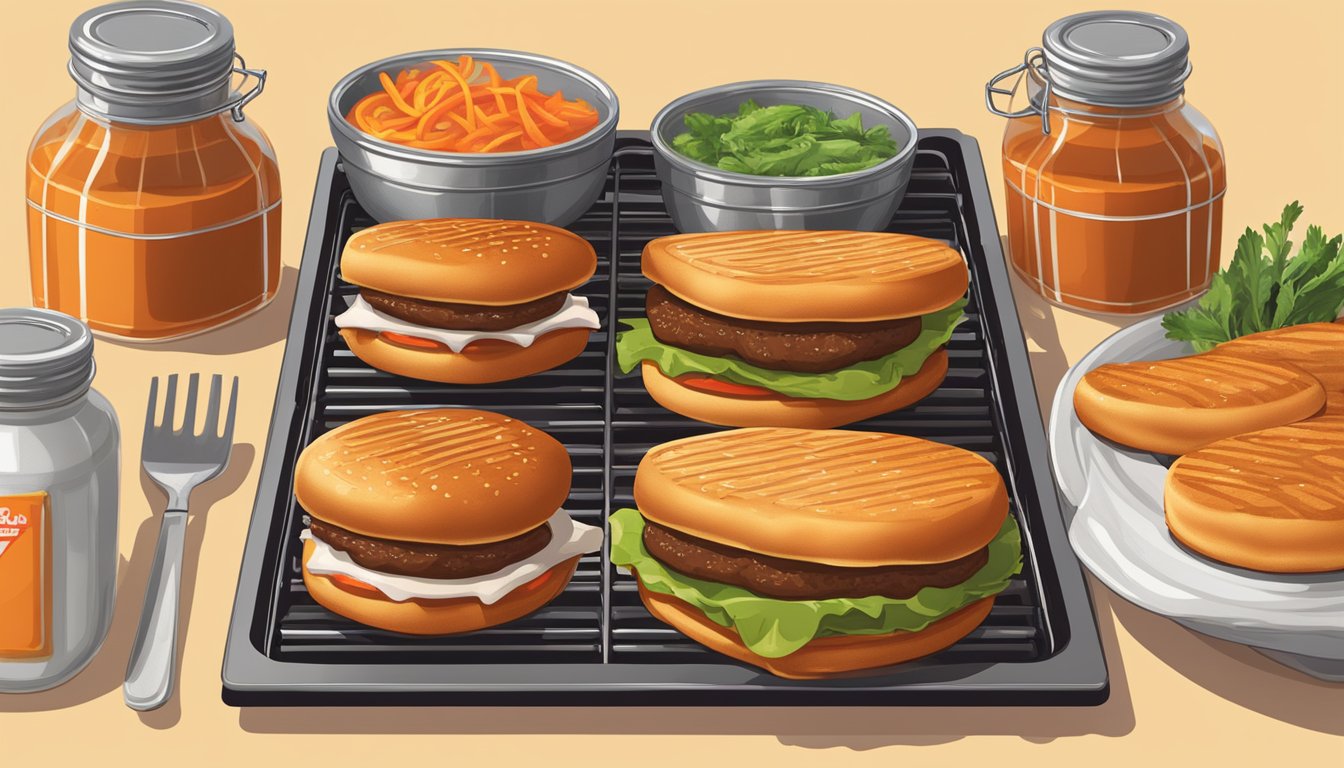 A sizzling grill with a row of Whataburger patties cooking, surrounded by jars of secret sauce and fresh ingredients