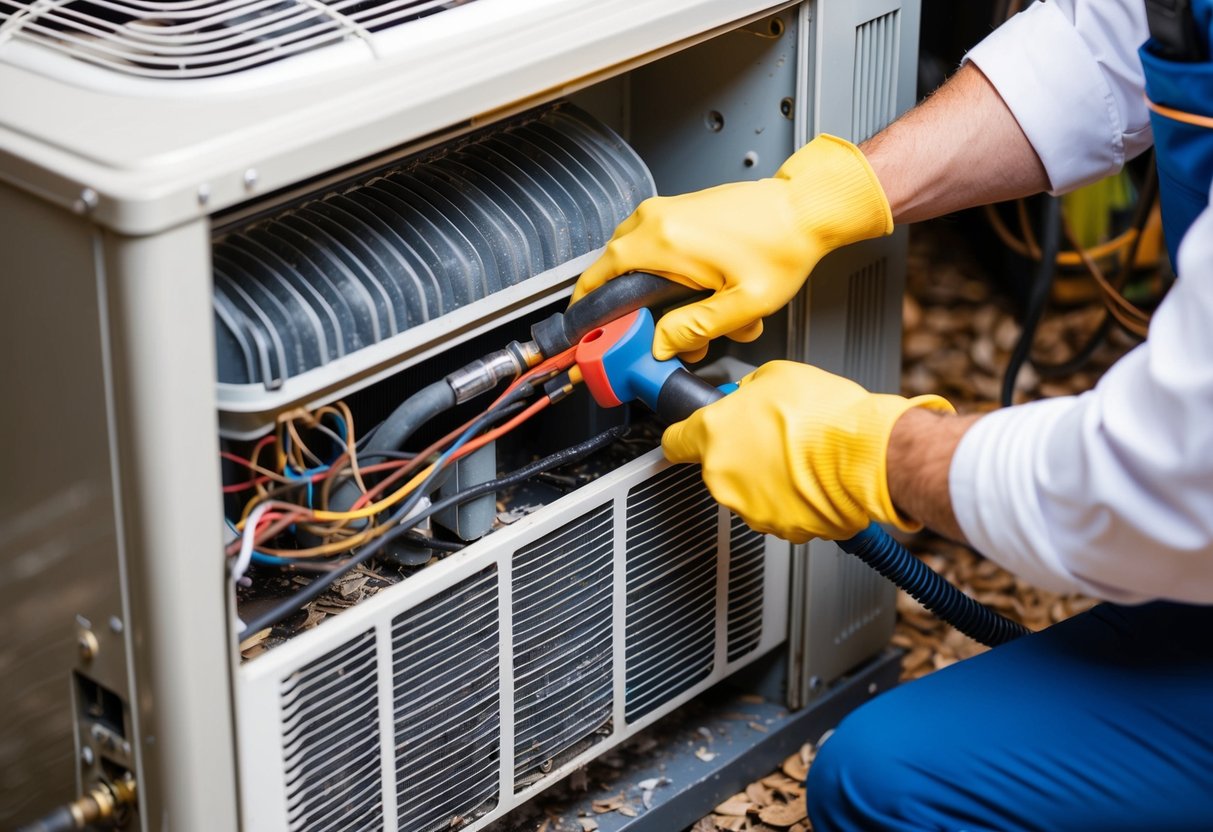 A technician using specialized tools to clean the coils inside an air conditioning unit, surrounded by various signs of wear and debris buildup