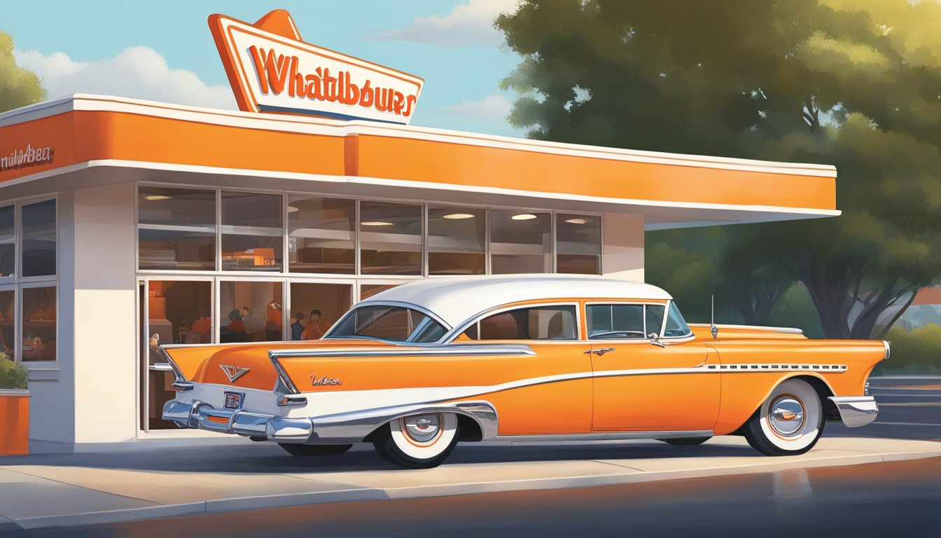 A bustling 1950s diner with a distinctive A-frame roof, surrounded by a vibrant orange and white color scheme. The iconic Whataburger logo is prominently displayed on the exterior