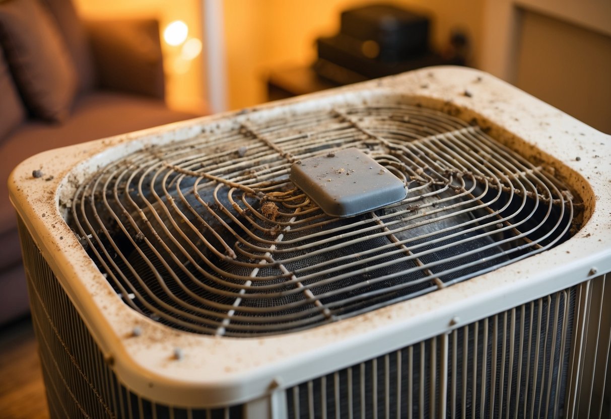 A dusty, grimy air conditioning unit with visible debris and dirt buildup on the coils, surrounded by a warm, stuffy room