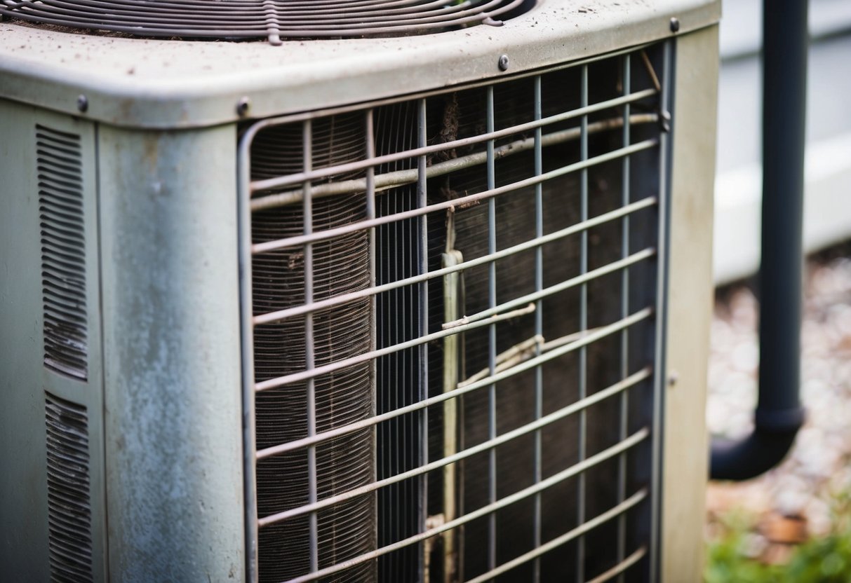 A dusty, neglected air conditioning unit with visible signs of wear and tear, such as dirt and debris buildup on the coils, indicating the need for professional cleaning