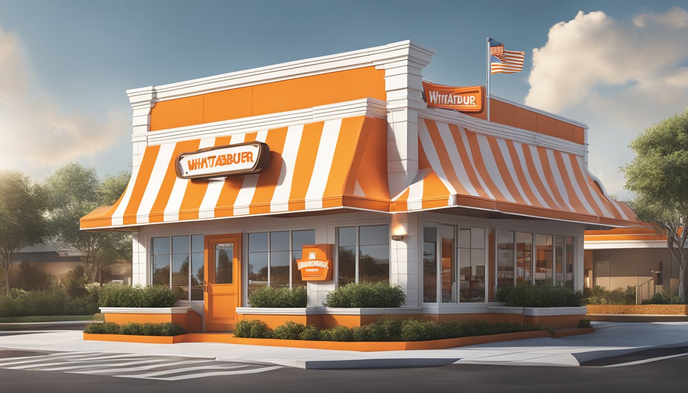 A classic Whataburger restaurant exterior with bold orange and white stripes, showcasing the evolution of the iconic brand imagery and logo