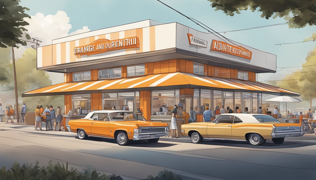 A bustling restaurant with the iconic orange and white striped A-frame building, a drive-thru, and a line of customers eagerly waiting to order