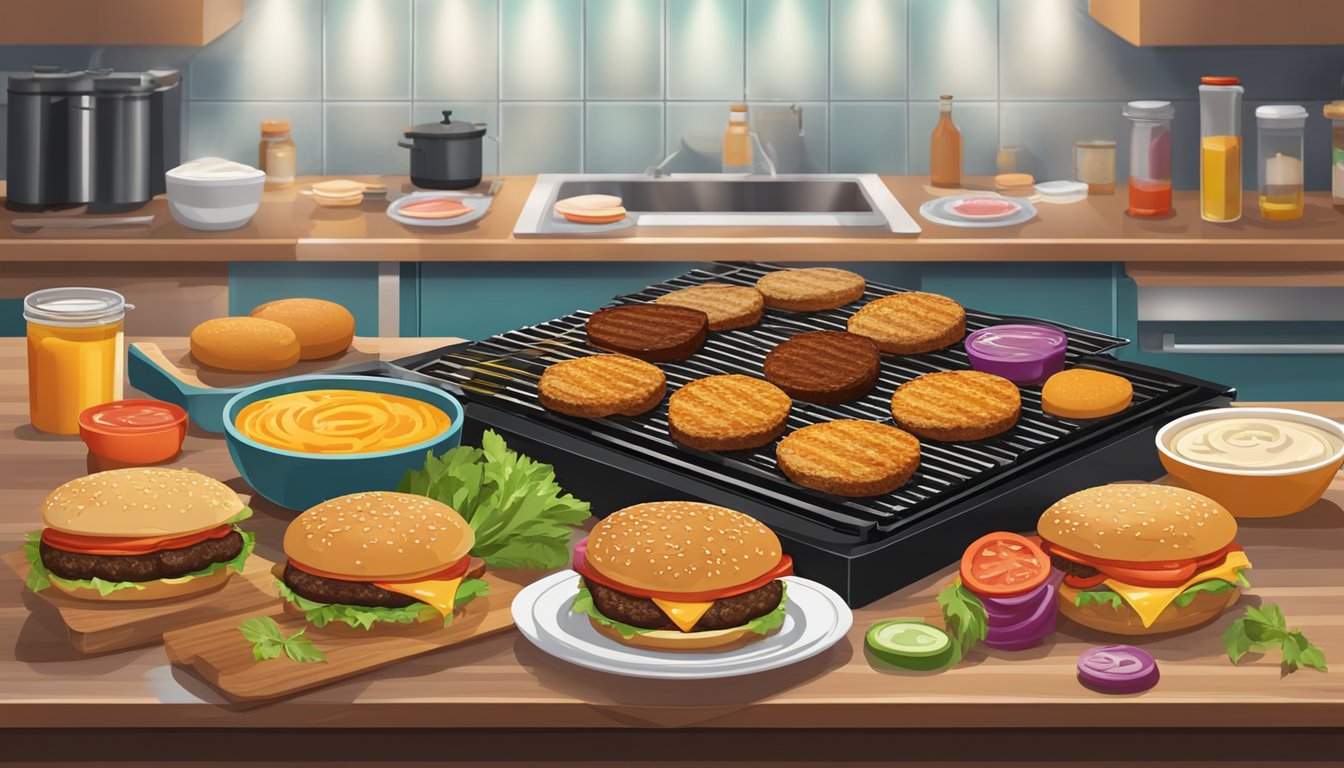 A sizzling grill with a row of burger patties cooking, surrounded by a variety of colorful sauces and seasonings on a kitchen counter