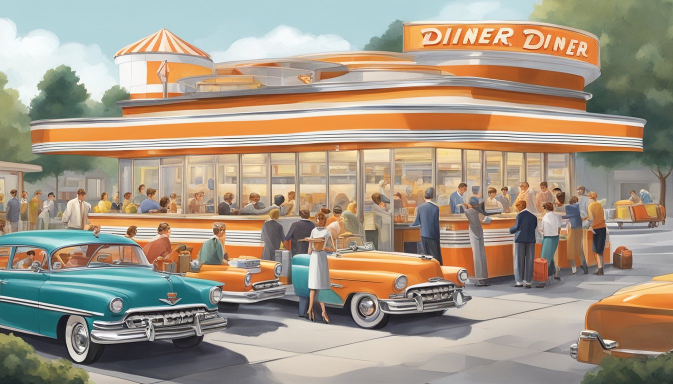 A bustling 1950s diner with a distinctive orange and white striped roof, bustling with customers and staff