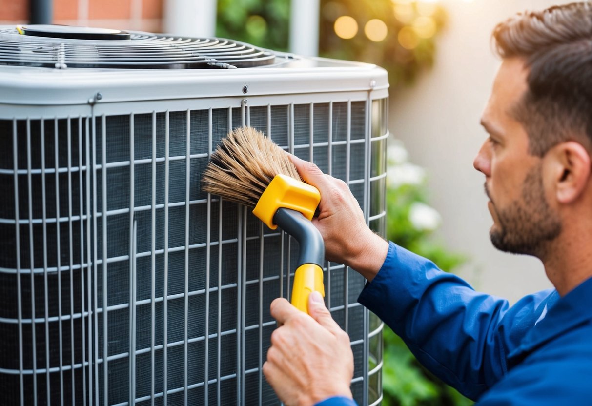 A technician cleaning dirt-covered coils in an air conditioning unit, using a brush and cleaning solution to restore efficiency