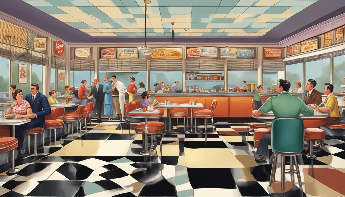 A bustling 1950s diner with a towering burger on a checkered table, surrounded by satisfied customers and dedicated staff