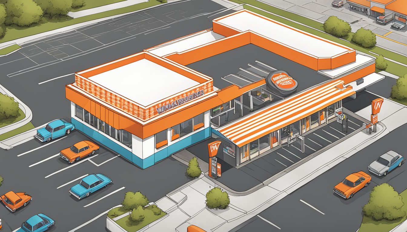 An aerial view of a bustling Whataburger restaurant with the iconic orange and white striped exterior, surrounded by a parking lot and drive-thru lane