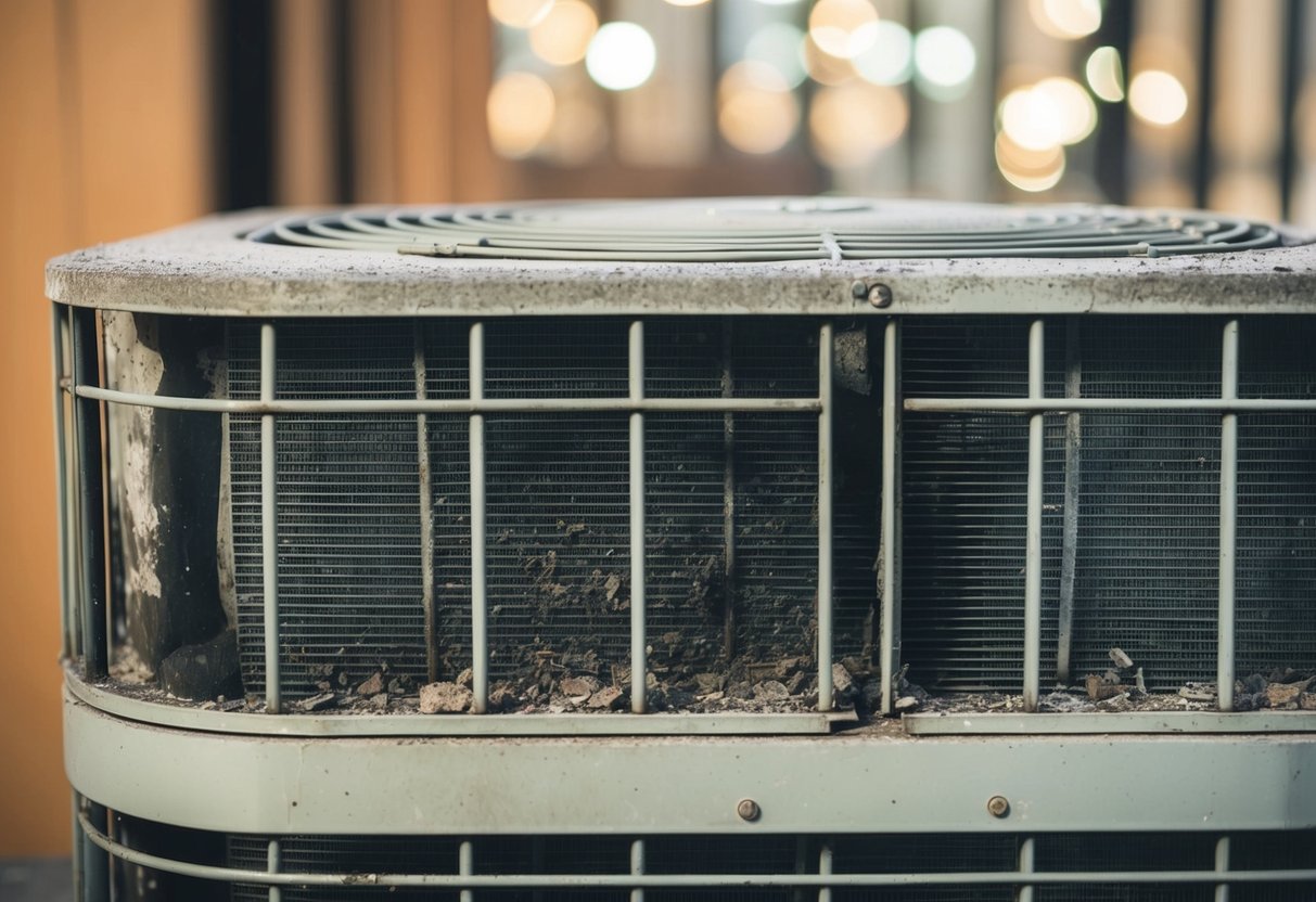 A dusty, neglected AC coil covered in grime and debris, causing the air conditioning unit to struggle to cool the room