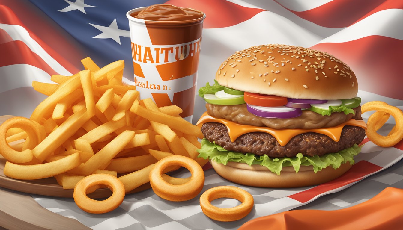 Whataburger sauces arranged around a juicy burger, surrounded by fries and onion rings, with a Texan flag in the background