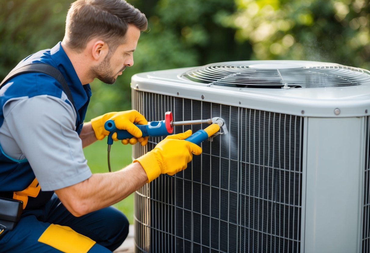 A technician using specialized tools to meticulously clean the coils of an air conditioning unit, removing dirt and debris to improve efficiency