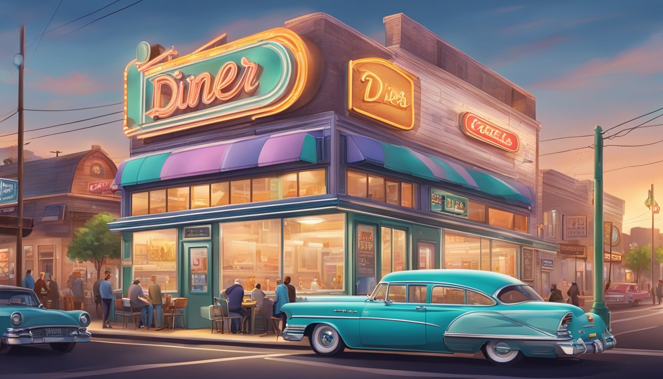 A bustling diner with a retro exterior, surrounded by a vibrant community and iconic signage