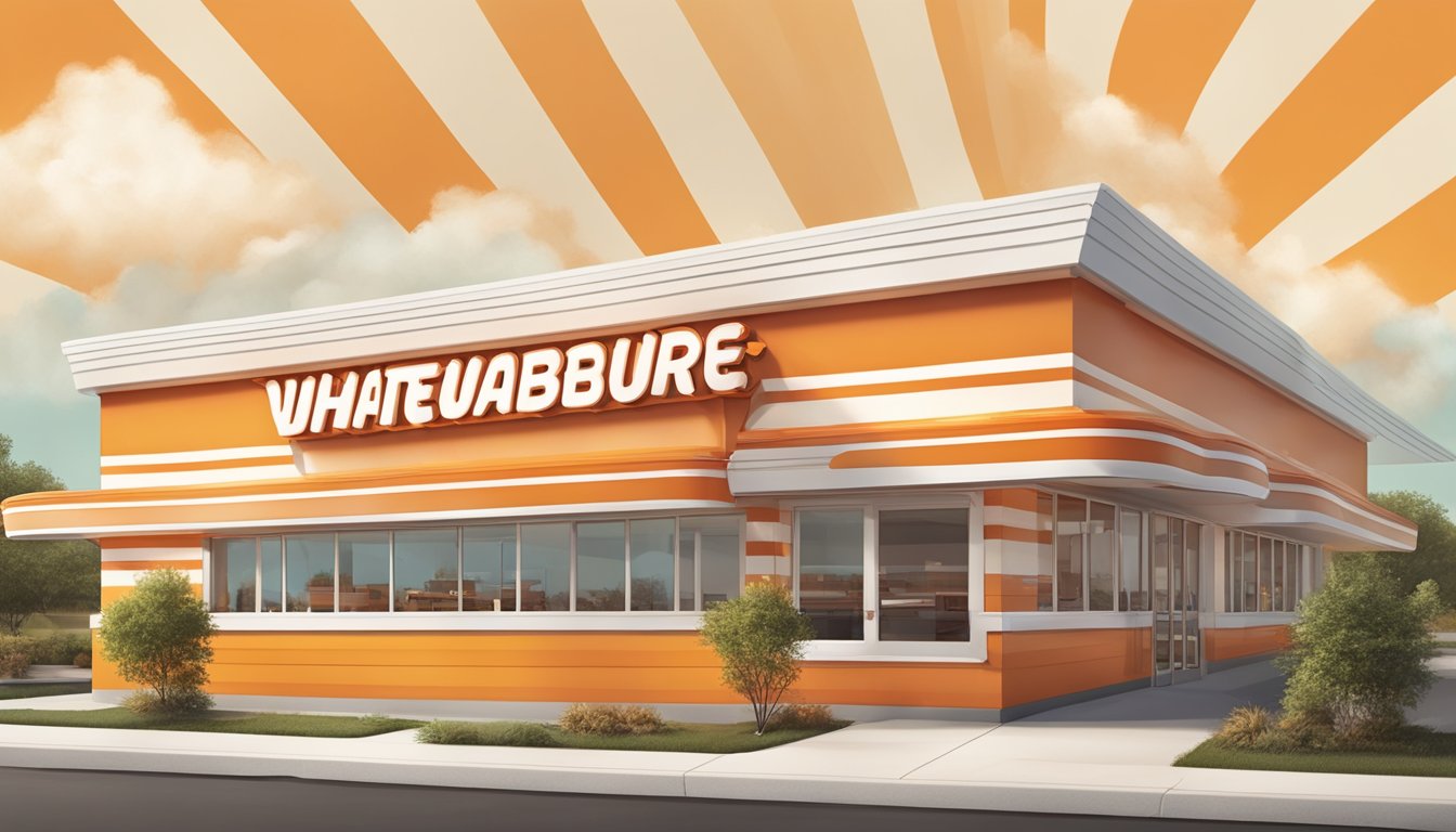 A bustling Whataburger restaurant with a retro orange and white striped exterior, showcasing the evolution of the iconic design through the years