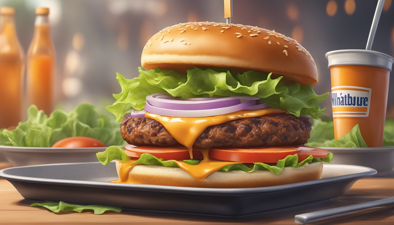 A sizzling burger on a grill with a dollop of Whataburger's secret sauce being spread on the bun, surrounded by fresh lettuce, tomatoes, and onions