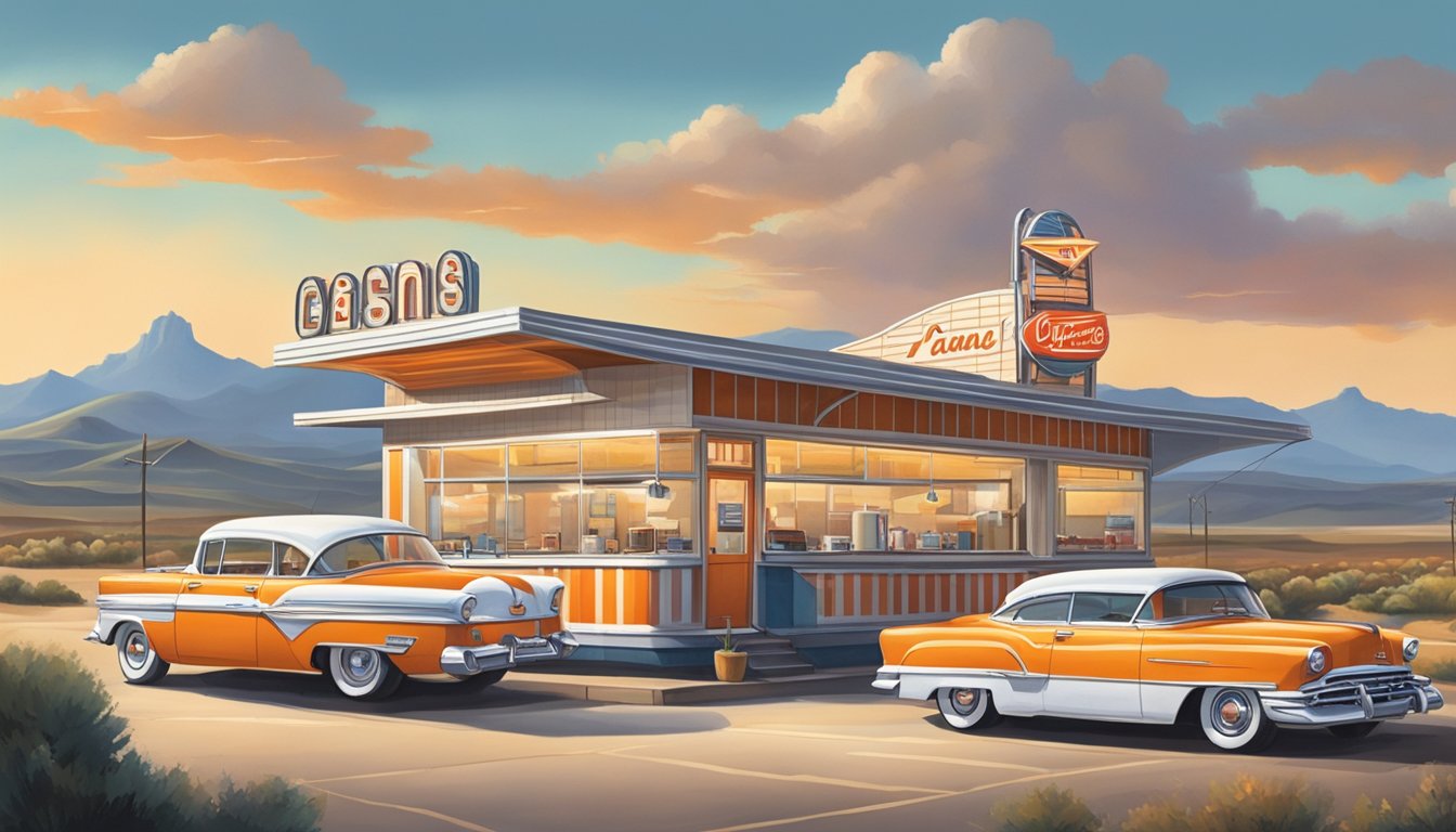 A bustling 1950s diner with a lone orange and white striped A-frame building, surrounded by a vast Texas landscape