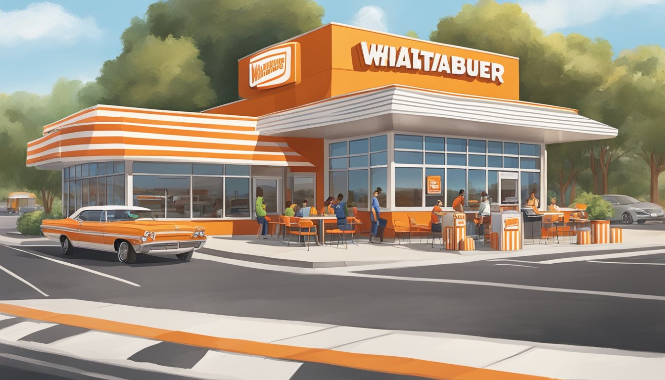 A bustling Whataburger restaurant with iconic orange and white striped building, drive-thru, and outdoor seating, surrounded by a diverse and lively community