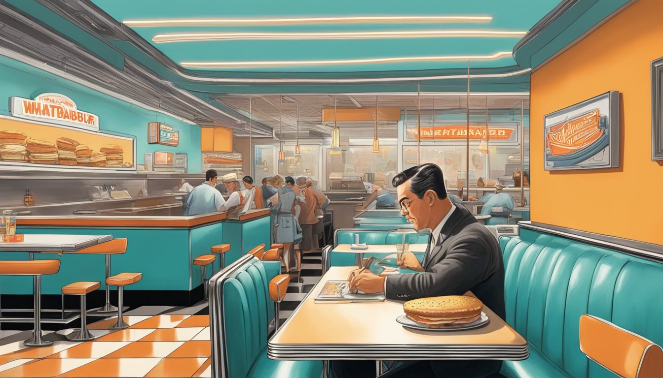 A bustling 1950s diner with a neon sign reading "Whataburger" and a visionary man sketching out expansion plans at a table