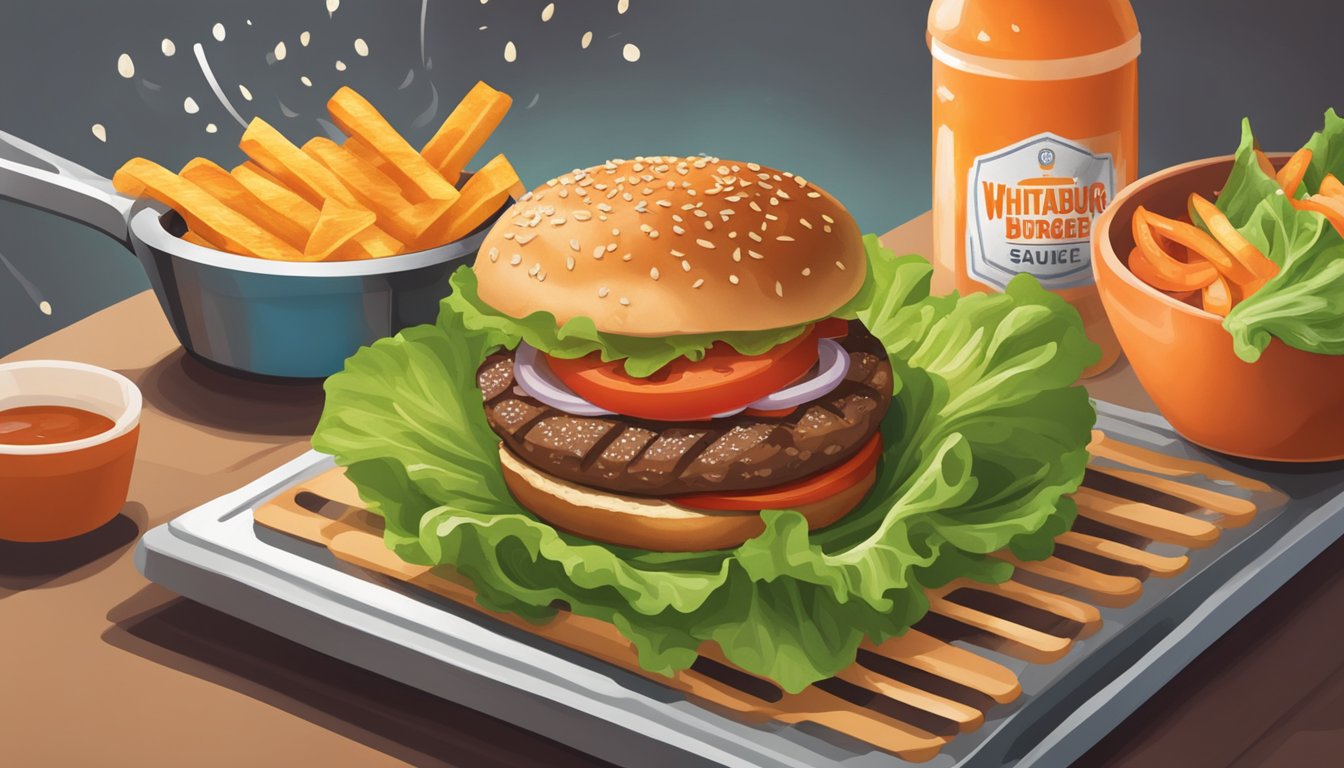 A sizzling grill with a spatula flipping a juicy burger, surrounded by fresh lettuce, ripe tomatoes, and a dollop of Whataburger's secret sauce