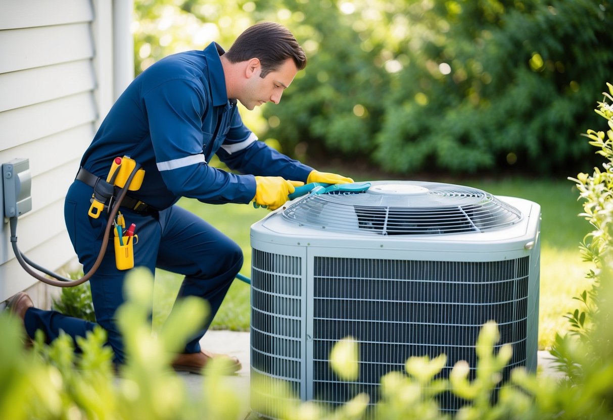 An HVAC technician cleaning the coils of an air conditioning unit, surrounded by clean air and greenery