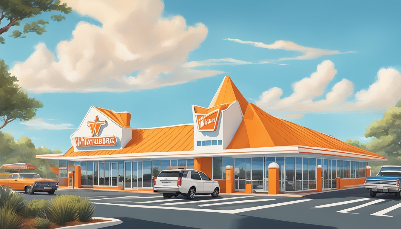 A bustling Whataburger restaurant with iconic A-frame architecture stands against a bright blue sky, surrounded by cars in the parking lot