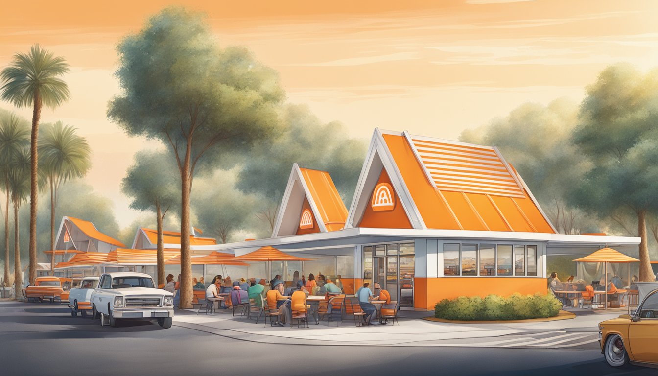 A bustling Whataburger location with iconic A-frame architecture stands proudly, surrounded by a sea of cars in the drive-thru and customers enjoying their meals at outdoor picnic tables