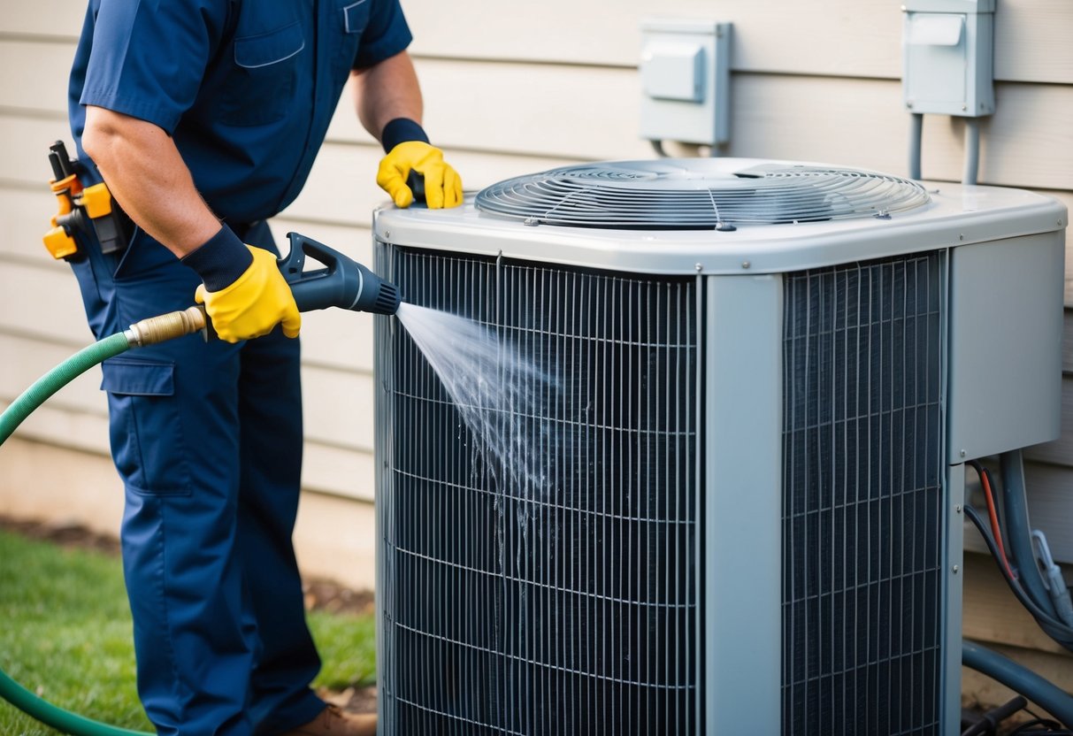 A technician using a hose and cleaning solution to wash dirt and debris from an air conditioning coil, with the unit turned off for maintenance