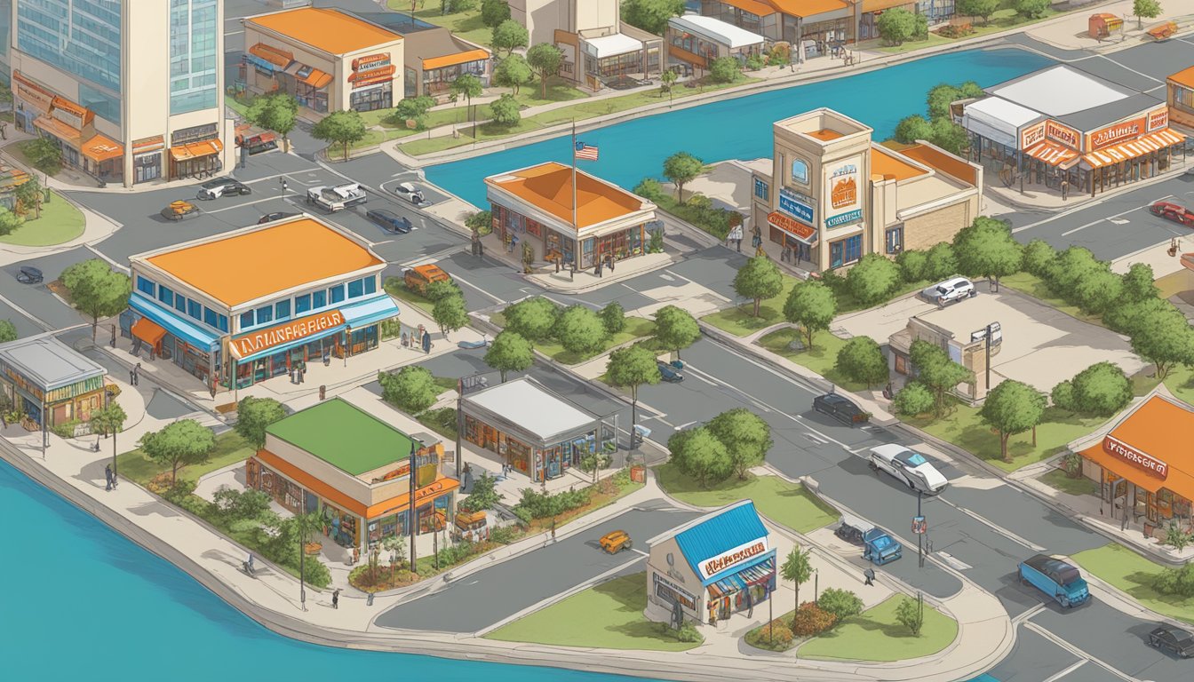 A bustling Corpus Christi street scene with a prominent Whataburger restaurant and a map of Texas showing the expansion of the chain across the state