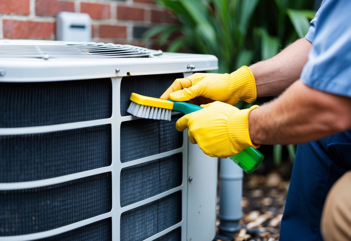 A technician using a coil cleaning solution and a brush to remove dirt and debris from an air conditioning unit's coils