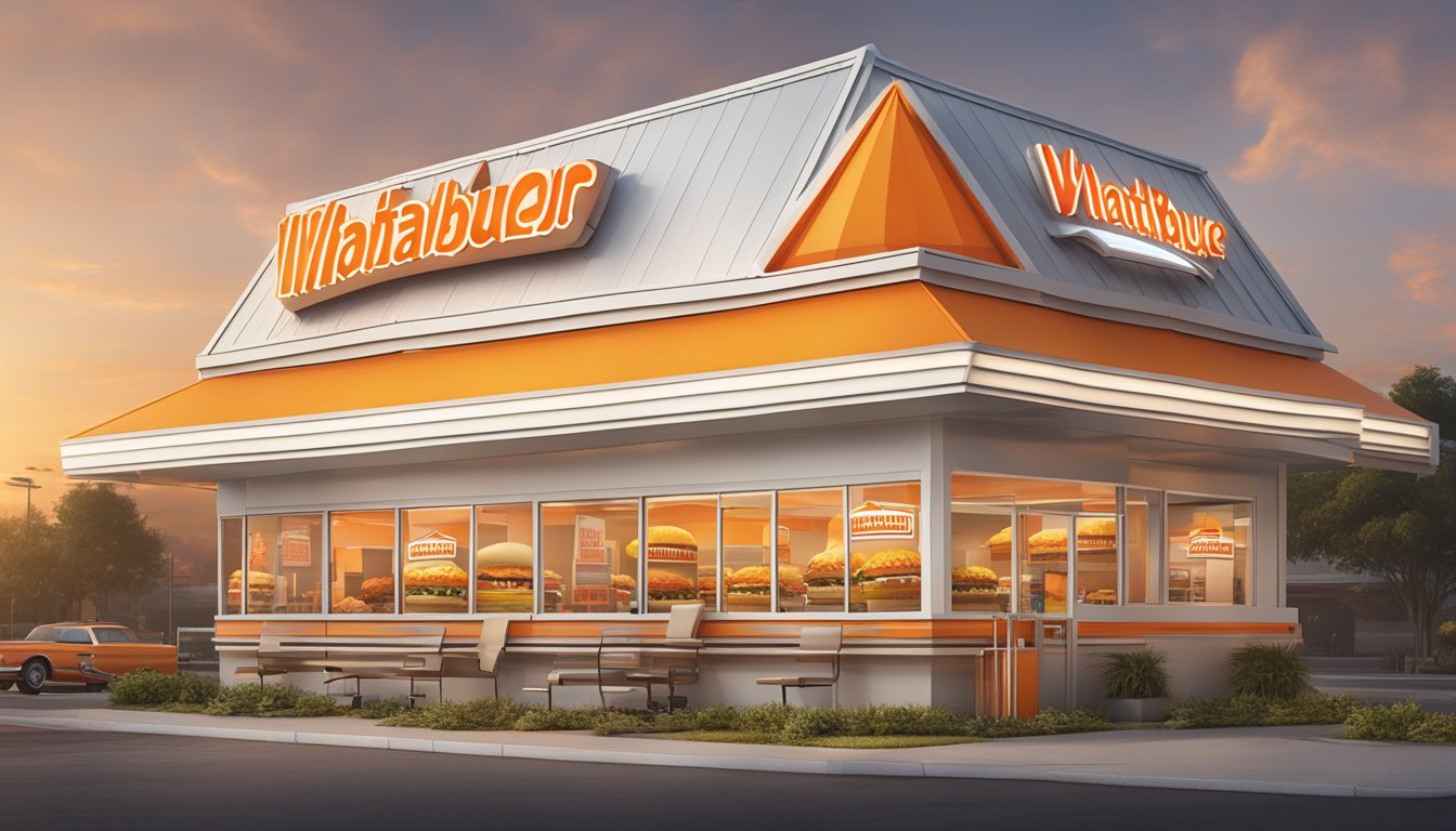 A bustling Whataburger store with a distinctive A-frame design stands out against a backdrop of modern fast-food chains, showcasing the evolution of fast-food architecture