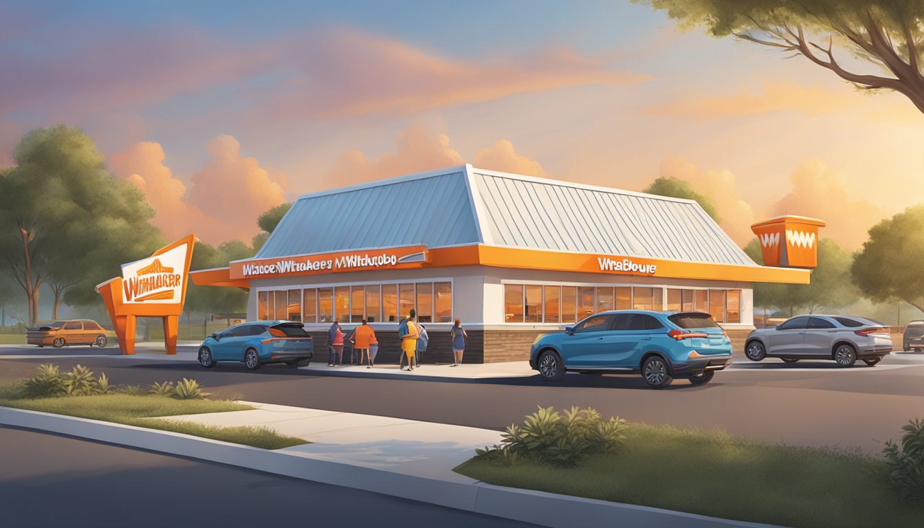 A bustling Whataburger restaurant with a distinctive A-frame architecture stands out against a bright sky, surrounded by cars in the drive-thru and customers dining on the outdoor patio