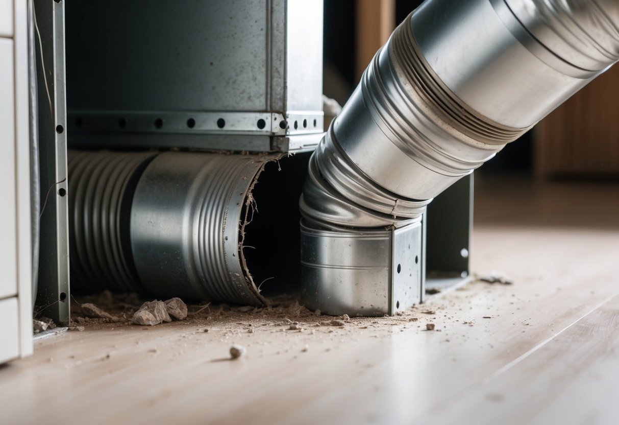 A section of ductwork with visible signs of damage, such as holes, tears, or dents. Dust and debris may be seen around the damaged area