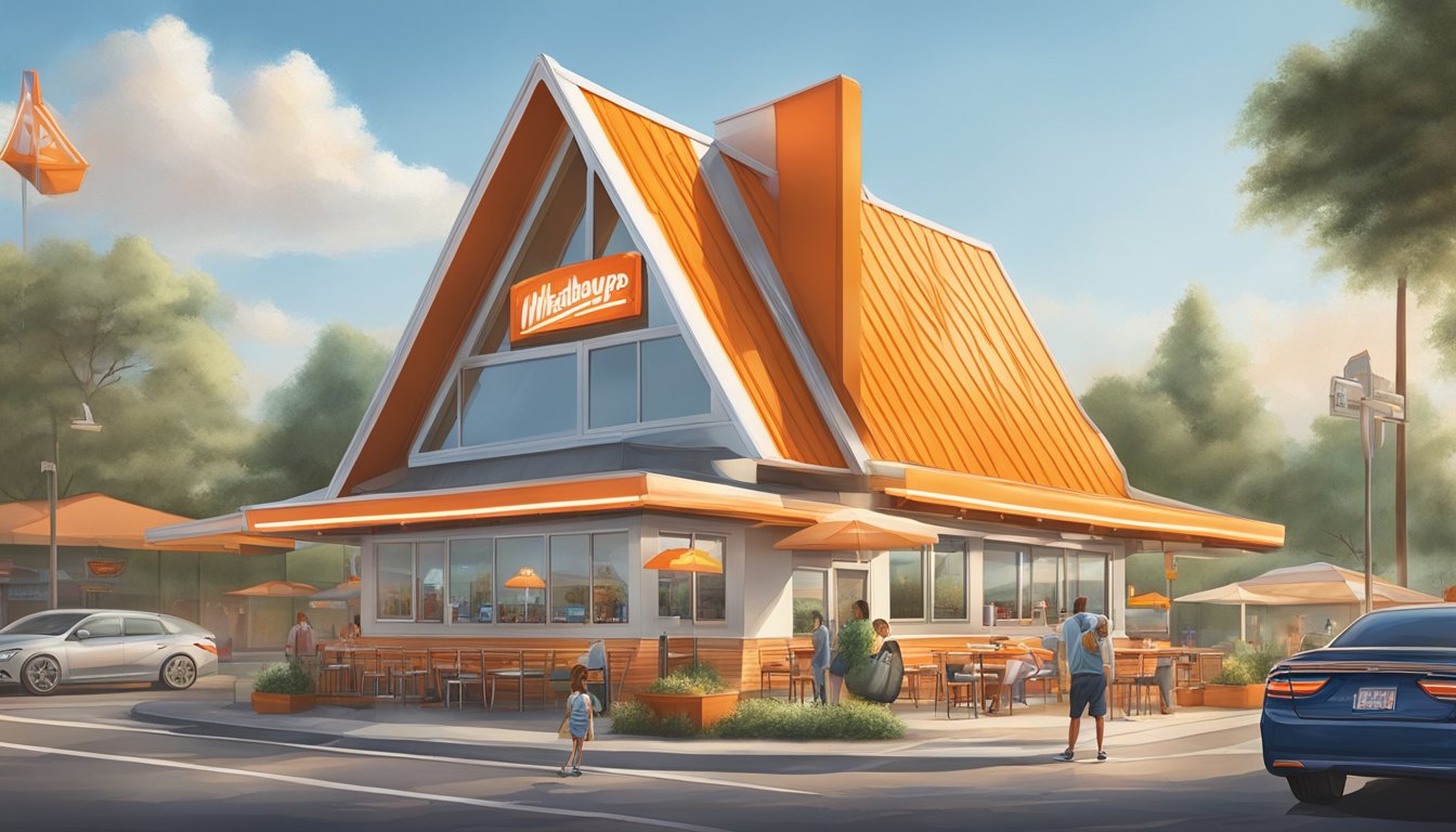 An A-frame Whataburger restaurant stands as a symbol of the fast food chain's cultural impact, with a bustling community engaged in dining and socializing around the iconic structure