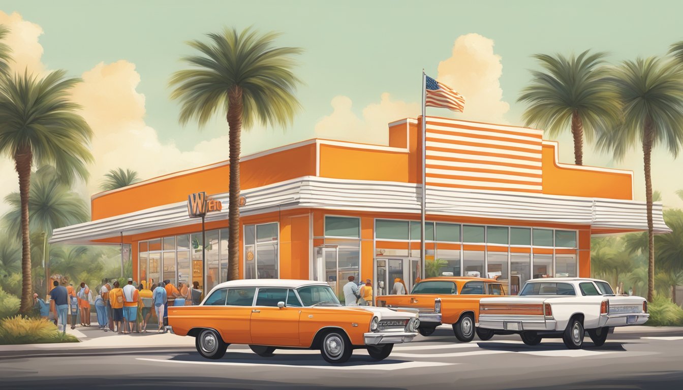 A bustling Whataburger restaurant with a line of customers out the door, surrounded by palm trees and the iconic orange and white striped building