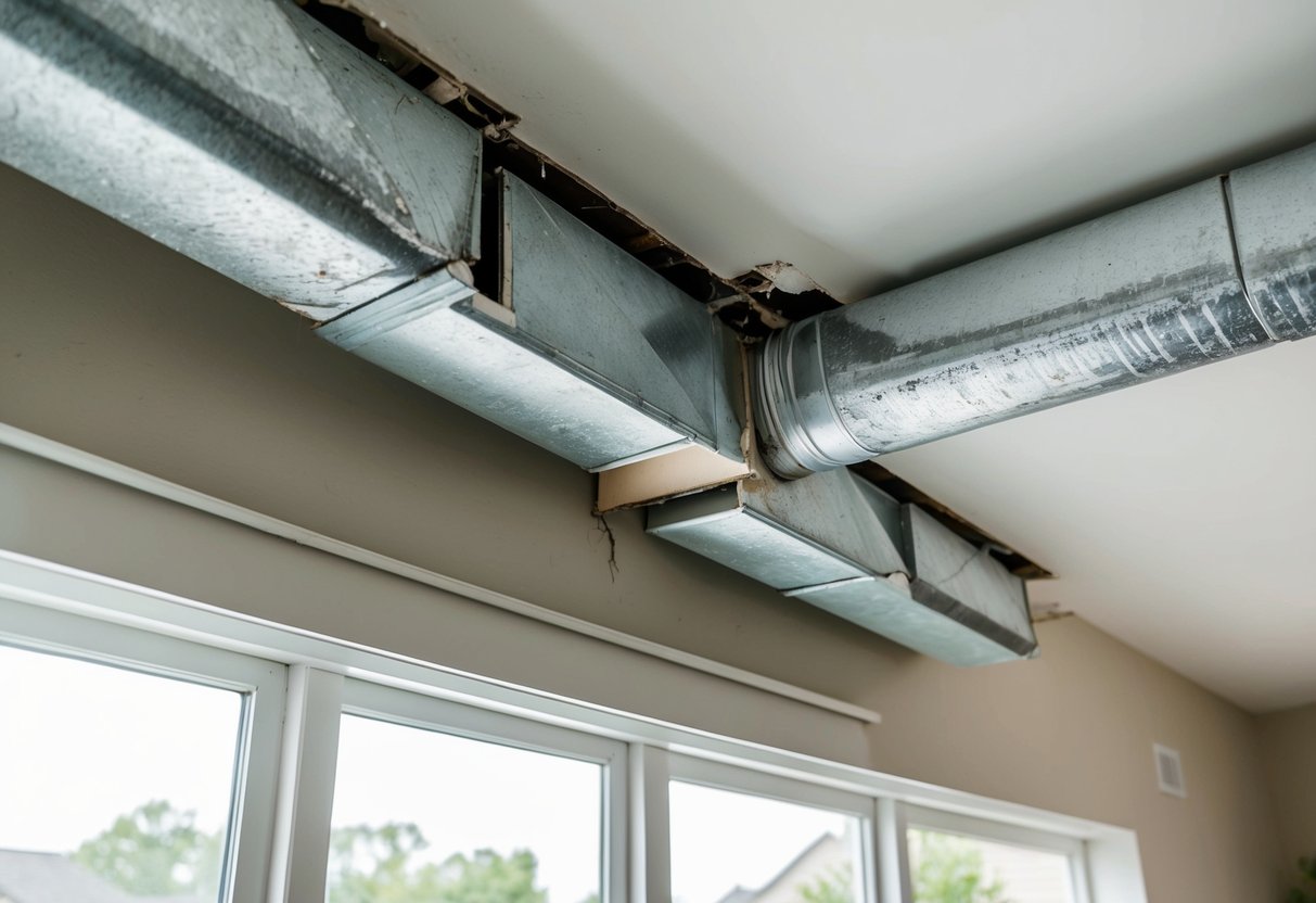 A home with damaged ductwork causing air leaks and increased energy consumption. Visible signs of wear and tear on the ducts, such as holes, gaps, and disconnected sections