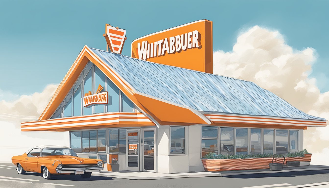 A vintage A-frame Whataburger restaurant stands proudly against a blue sky, with the iconic orange and white stripes wrapping around the building. The drive-thru lane is busy with cars, and the smell of fresh burgers and fries fills the air