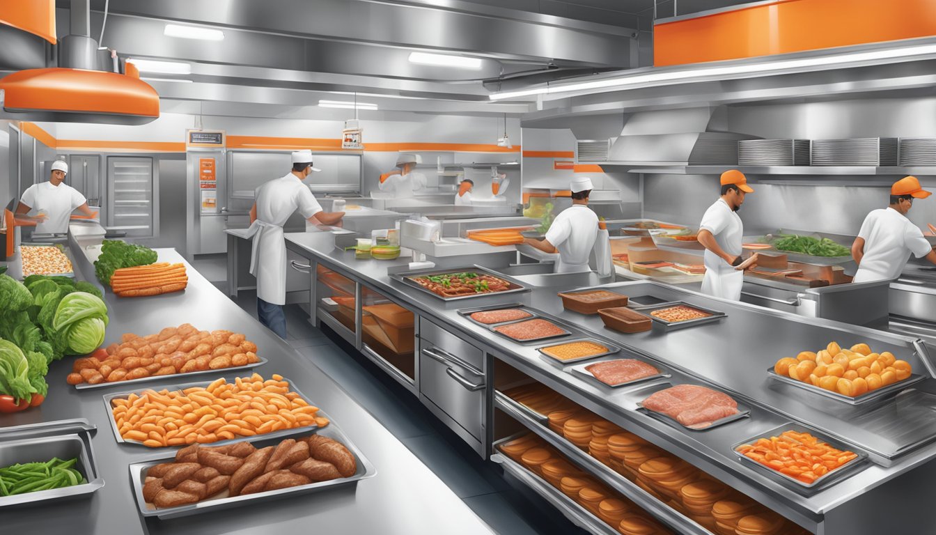 A bustling Whataburger kitchen with fresh produce and meat being prepared alongside a busy In-N-Out kitchen with a focus on quality ingredients