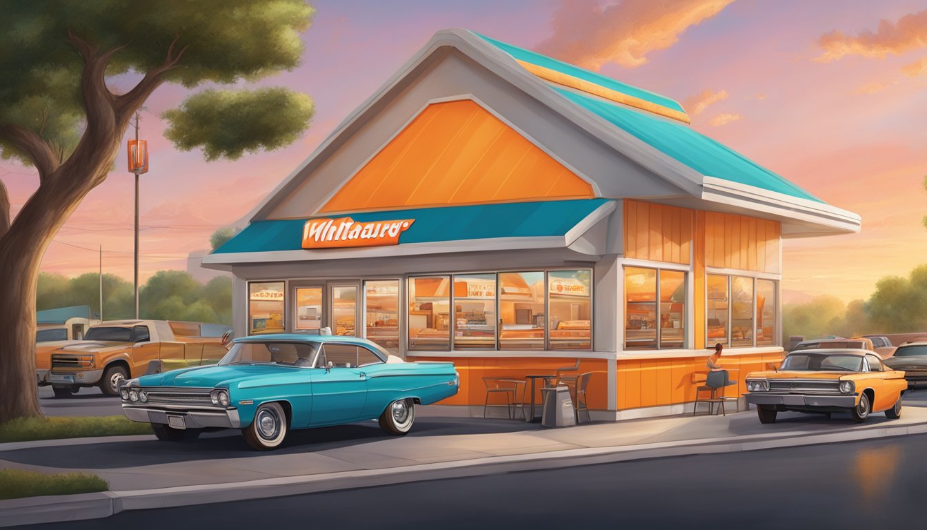 A bustling Whataburger drive-thru with iconic A-frame architecture, surrounded by a vibrant fast-food landscape