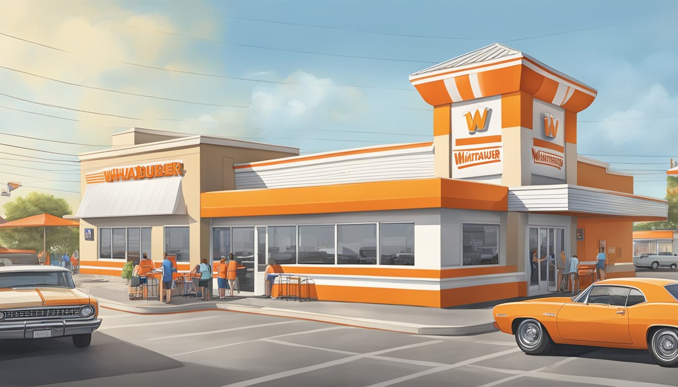 A bustling Whataburger restaurant in Corpus Christi, Texas, with the iconic orange and white striped building and a drive-thru line of cars wrapping around the building