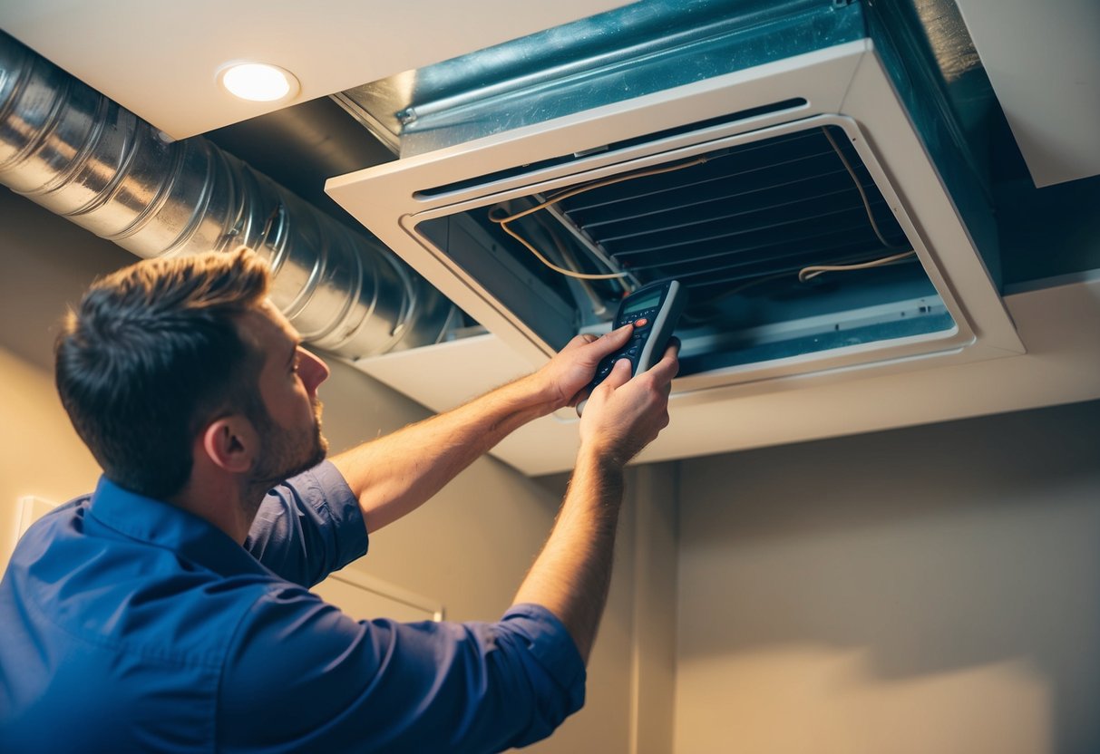 A technician inspects and repairs ductwork in a dimly lit HVAC system, ensuring efficient airflow