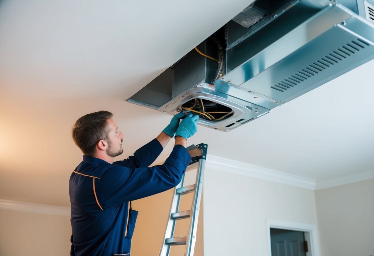 A technician diligently repairing ductwork while another neglects maintenance, leading to poor HVAC performance