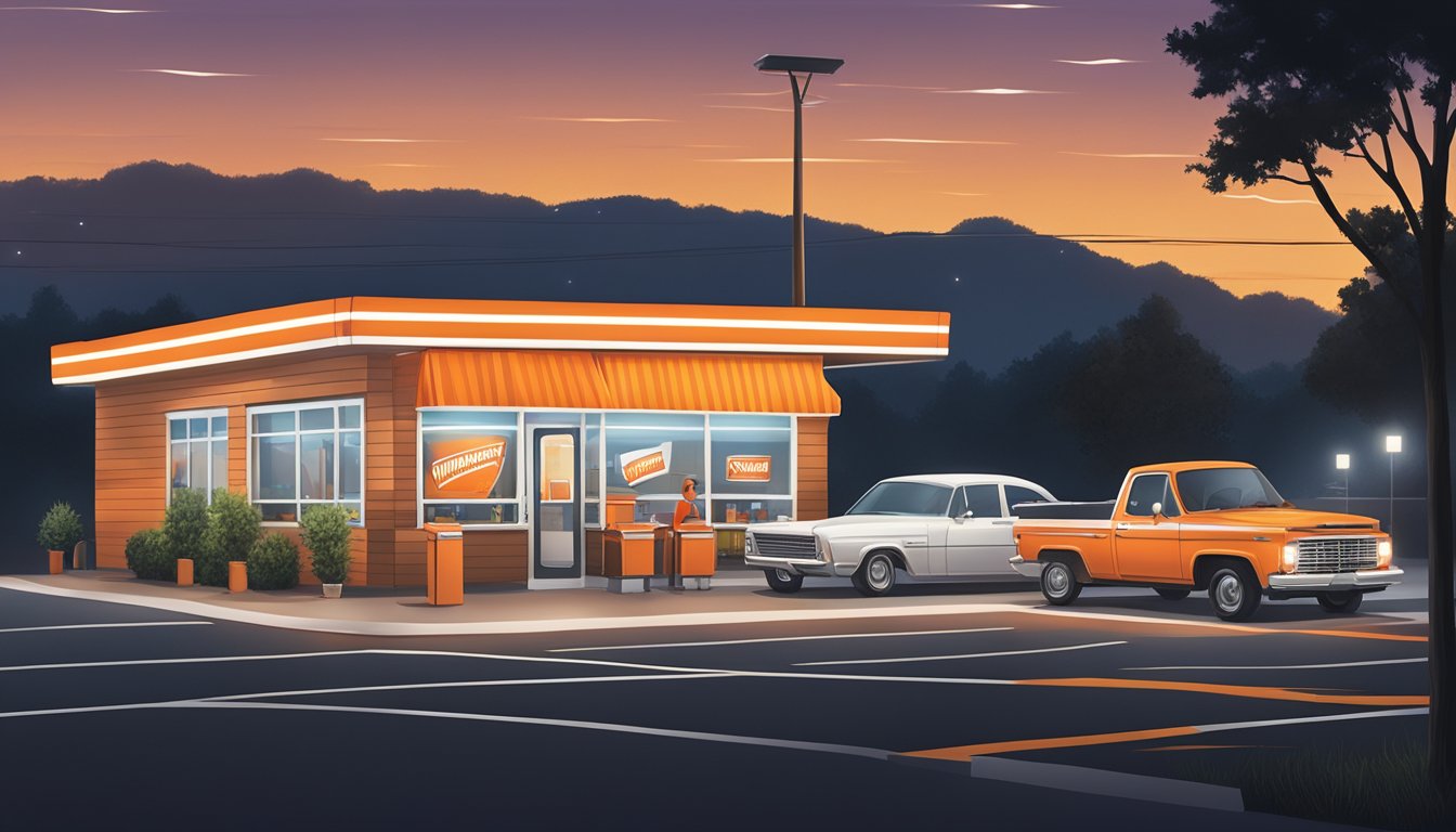 A bustling Whataburger restaurant at night, with the iconic orange and white striped building illuminated against the dark sky, and a line of cars at the drive-thru window