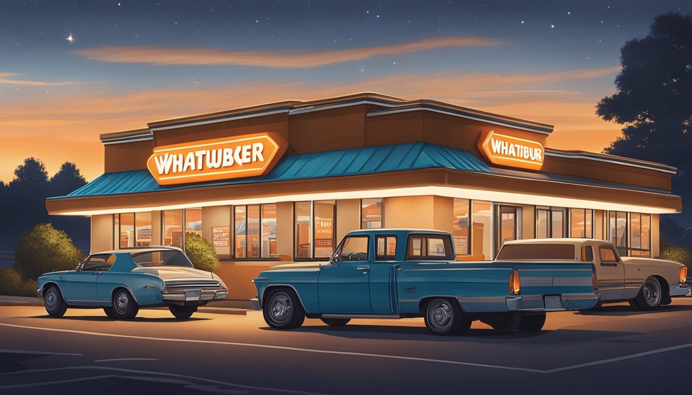 A bustling Whataburger restaurant at night, with a glowing sign and cars lined up at the drive-thru, capturing the allure of 24/7 service in Texas