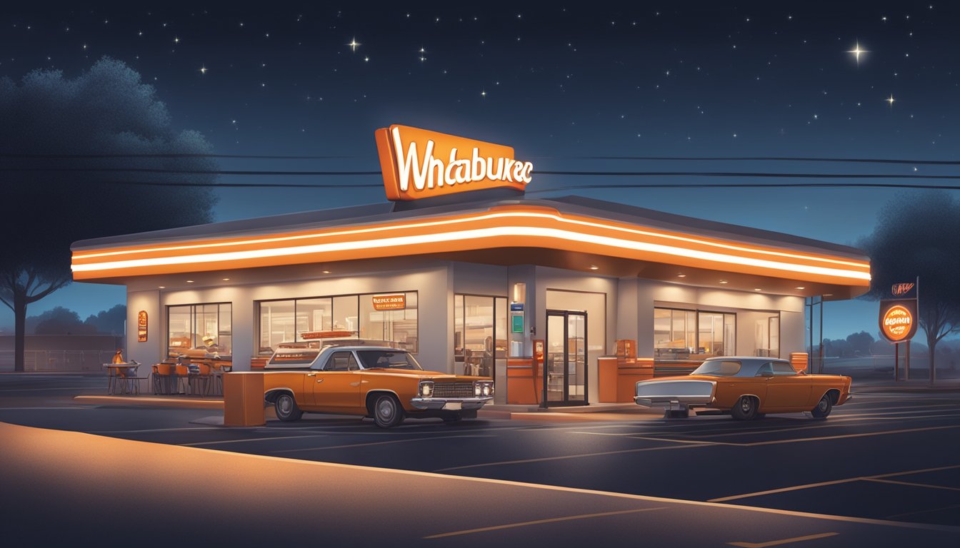 A bustling Whataburger at night, with the glowing sign and drive-thru line full of hungry customers. The smell of sizzling burgers and fries fills the air