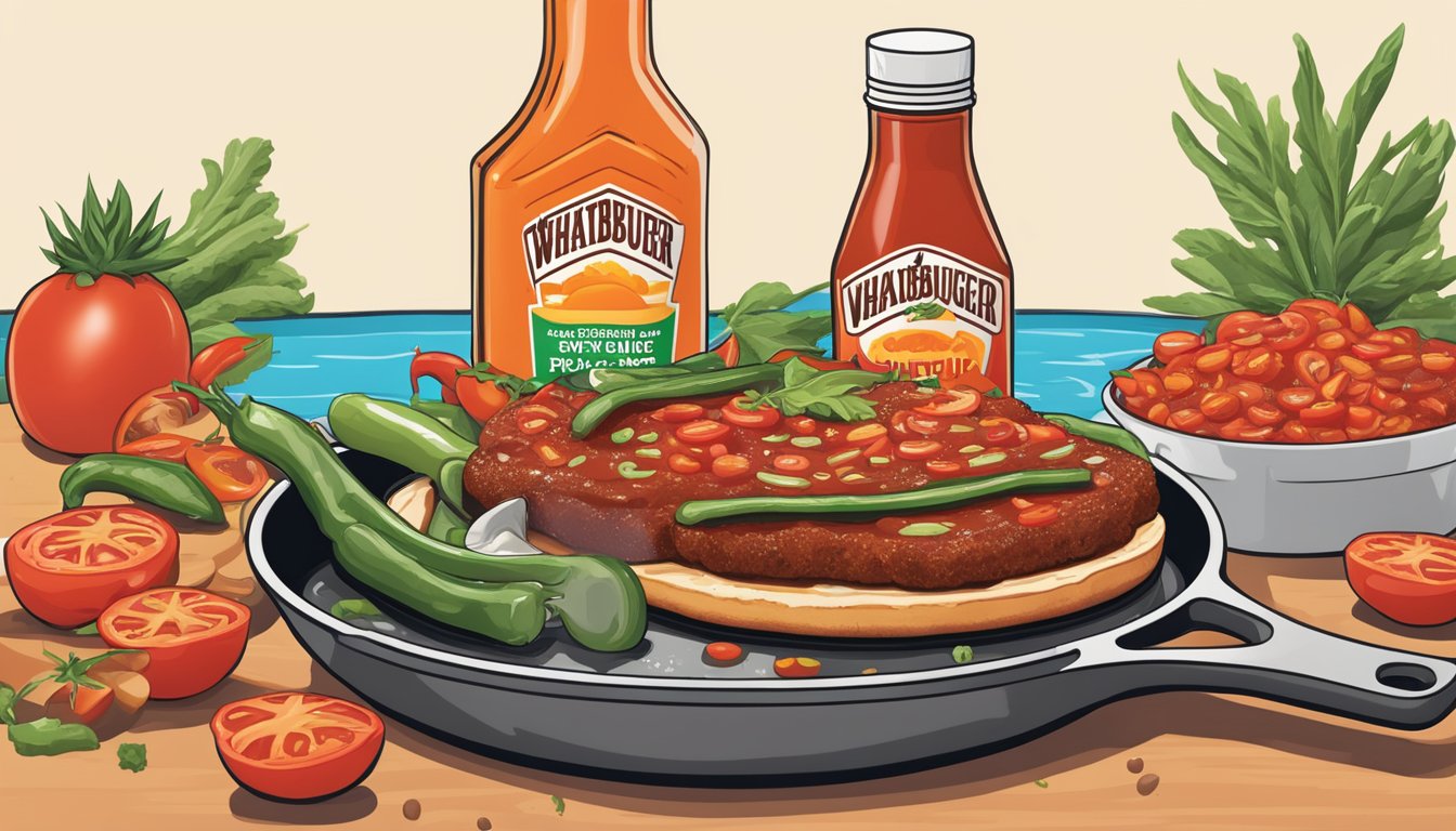 A sizzling skillet with a pool of spicy ketchup, surrounded by vibrant ingredients like tomatoes, jalapeños, and garlic. A bottle of Whataburger Spicy Ketchup stands proudly in the background